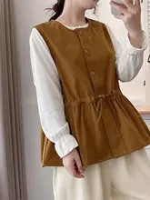 エレガントなデザインのラウンドネックノースリーブトップス【ウエスト絞り・大きいサイズ・秋用】（セットアップ対応）