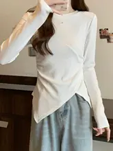 極上の柔らかさ！体型カバー フリルデザイン長袖Tシャツ【女性用・ラウンドネック・スリムフィット】