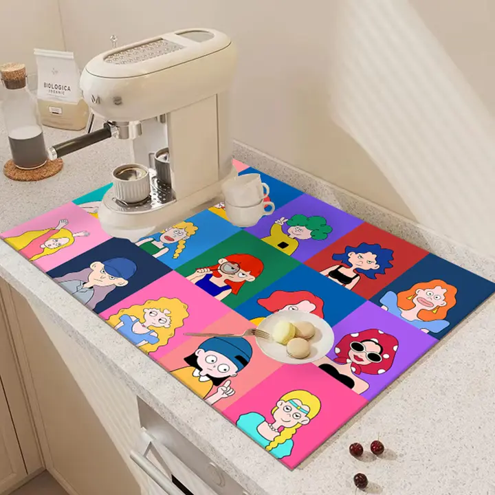 キッチン用水切りマット 使用シーン シンクやコンロ、コーヒーメーカーで使用 材料 珪藻土 スタイル カートゥーンカラフル