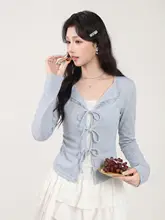 グレーのフェイク2ピースTシャツ【レース細身・リボン付き・長袖】
（セットアップ対応）