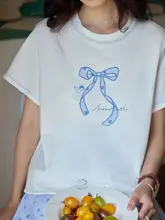 リボン刺繍入り短袖Tシャツ【ルーズフィット・白色・女性用】