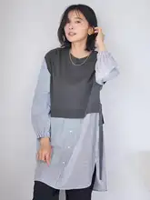 リボン付きニットとシャツの重ね着風トップス【秋冬用・女性用】（セットアップ対応）