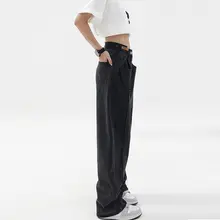 梨型体型対応のストレートデニムパンツ【ハイウエスト・ゆったりシルエット・ロング丈】