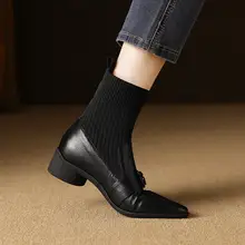 春秋用 レディース ショートブーツ【ソフトレザー・尖ったつま先・中ヒ  ール・粗いヒール・真皮・柔らかいソール】