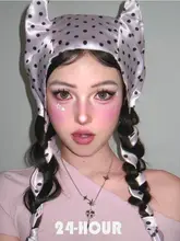 可愛らしい個性的なピンクのドット模様小耳付きデーモンデザイン帽子【男女兼用・撮影用】