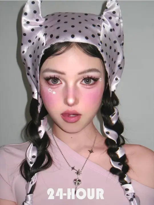 可愛らしい個性的なピンクのドット模様小耳付きデーモンデザイン帽子【男女兼用・撮影用】