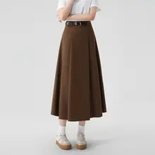 グレーのスーツ風 レディース膝下スカート【Aライン・ハイウエスト・プリーツ・春夏用】