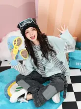 星柄ストライプ切り替えカートゥーンデザイン長袖Tシャツ【グリーン・ゆったりシルエット】（セットアップ対応）