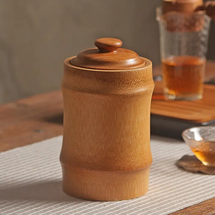茶筒 竹製 木製 密閉式 大容量 茶葉収納 プーアル茶 茶道具 収納ケース