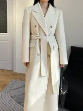 秋冬用・米白色のダブルフェイスウールコート【ショルダースタイル・ミドル丈・ノッチドラペル】