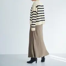 光沢感のある斜裁半身スカート【ウエストゴム・ドローストリング付き・秋用】