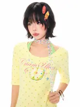 夏用 星柄プリント 半袖Tシャツ【フィットデザイン・短め・ホルターネック】