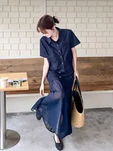 深い藍色のヴィンテージ風デニムシャツとフレアスカート【軽やかさ・夏用・透け感のあるデザイン】（セットアップ対応）