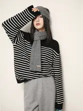 オーストラリアウールのストライプニットセーター【半開襟・冬用・保温性・高級感】