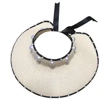 折りたたみ可能なビーチハット【草編み・パール付き・UVカット・大つば】