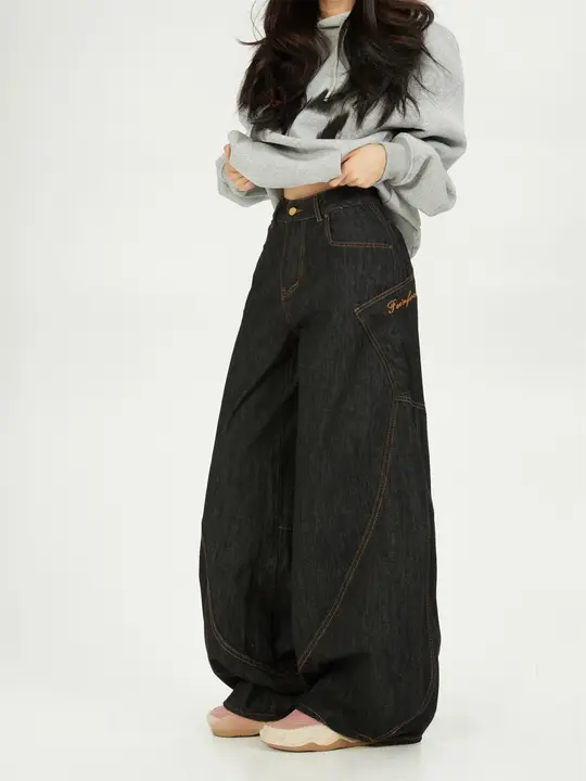 高級感あふれる ブラックワイドレッグデニムパンツ【ハイウエスト・女性用・シンプルデザイン】