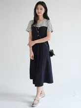 大きいサイズのカラーコンビネーションワンピース【ウエストシェイプ・夏用・韓国スタイル】（セットアップ対応）