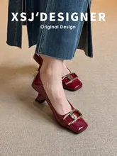 春秋用 ソフトエナメル質感のハイヒール【シンプルなスクエアトゥ・小猫ヒール・通勤用】