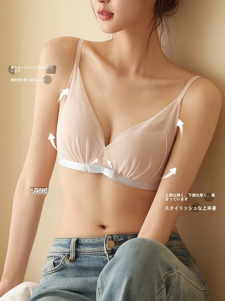 可愛い蝶結びデザインのシフォン素材ブラジャー：ワイヤーなしで軽やかな夏の着用感を実現