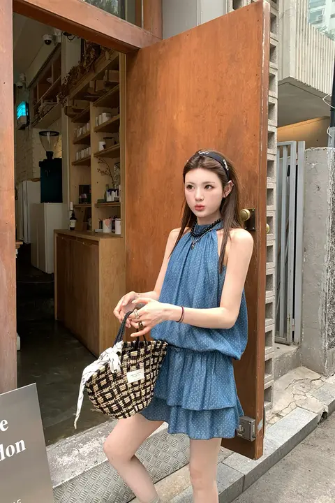 ミュール手記 ドット柄 ネックレス付き オフショルダーリボンブラウス＆ケーキスカート 2点セット【ヴィンテージスタイル・スリムフィット】