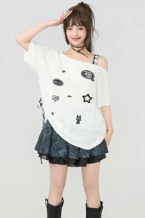 刺繍入りオフショルダー短袖Tシャツ【夏用・ラフなスタイル・ビッグサイズ】