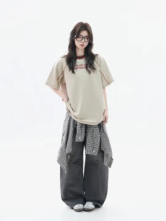 Tシャツ 半袖 ユニセックス アメリカン風 遊び心 カラーブロック ステッチデザイン 着痩せ ペア