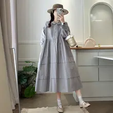 ドールカラーの長袖コットンワンピース【プリーツ・アンティークスタイル・ロング丈】