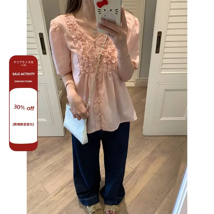 薄手の天絲衬衫【フリル付き・ローズ柄・フレンチスタイル】（セットアップ対応）