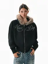美式潮流 ラインストーンロゴ付き フード付きパーカー【冬用・ジップアップデザイン】