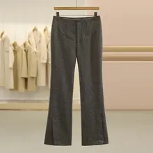 高腰チェック柄スリットデザインのフィットパンツ【秋冬用・カジュアル】