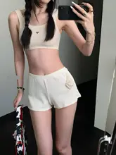 愛心デザインの米白色メッシュタンクトップ【柔らかい素材・ブラ＆ショートパンツ】（セットアップ対応）