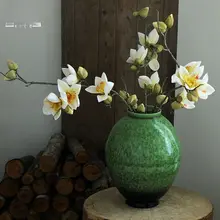 翡翠グリーンの粗陶花瓶【リビング用・レトロデザイン・インテリア装飾】