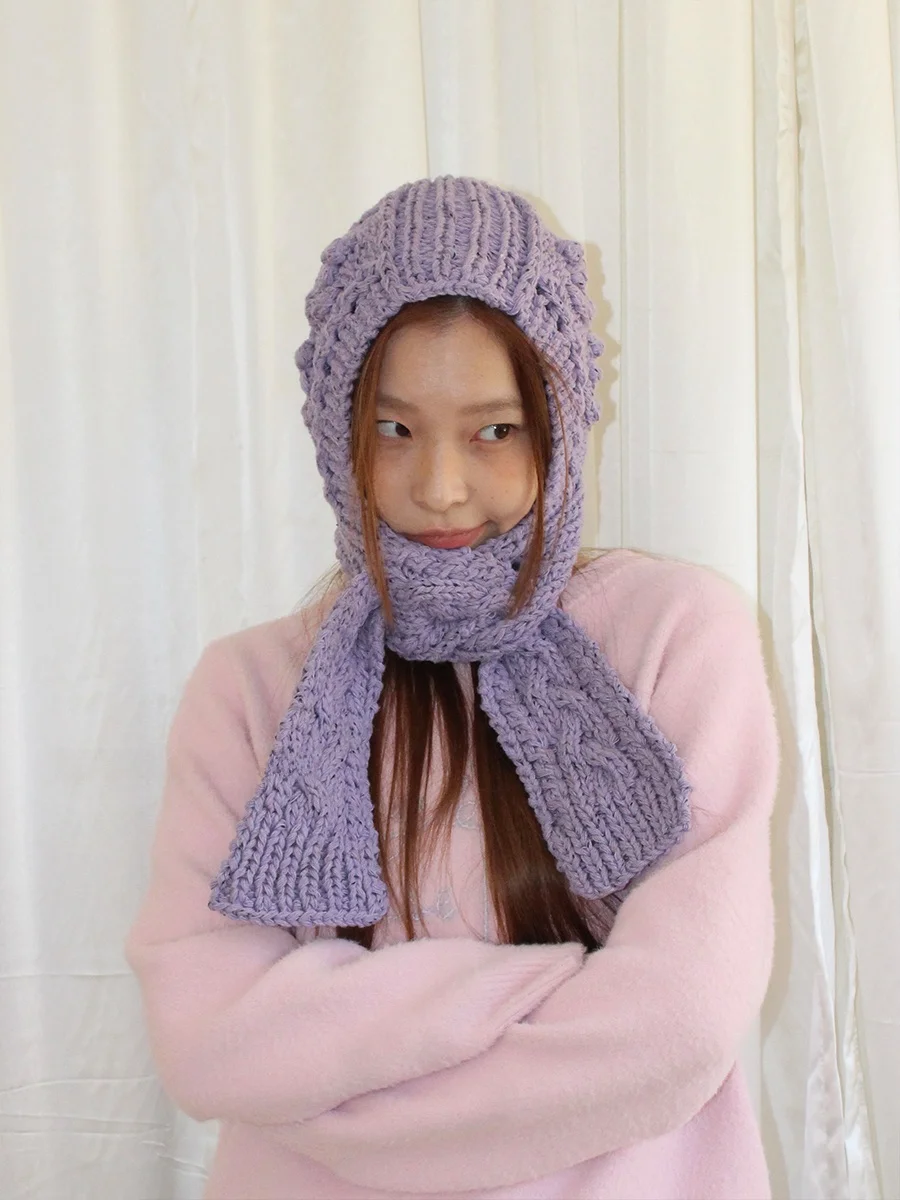 レトロニット刺繍フード付きスカーフハット：韓国風カジュアルスタイルの実用性と使い分け