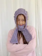 レトロニット刺繍フード付きスカーフハット【韓国風・カジュアルスタイル】