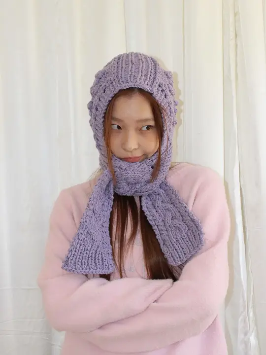 レトロニット刺繍フード付きスカーフハット【韓国風・カジュアルスタイル】
