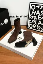 レディース 冬用太ヒールショートブーツ【スクエアトゥ・カラーブラウン・ストレッチスエード】