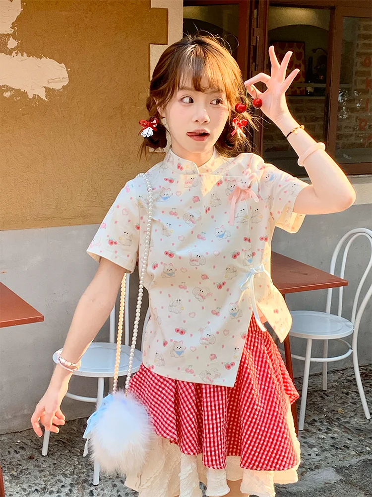 小犬プリントの夏用短袖トップスとスカート【新中式・フレッシュデザイン】（セットアップ対応）