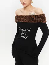 アメリカンスタイルのヒョウ柄オフショルダーロングスリーブTシャツ【秋用・セクシー・フィット感】