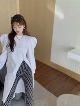 トレンドデザインの開襟Tシャツ【パフスリーブ・ミディアム丈】（セットアップ対応）