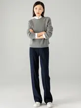 羊毛製のストレートパンツ【秋用・ダークブルー・通勤・スリムデザイン】
