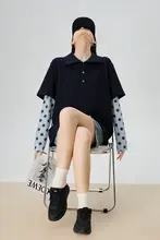 深青色ポロシャツ風長袖Tシャツ【女性用・独特なデザイン・美しい】（セットアップ対応）