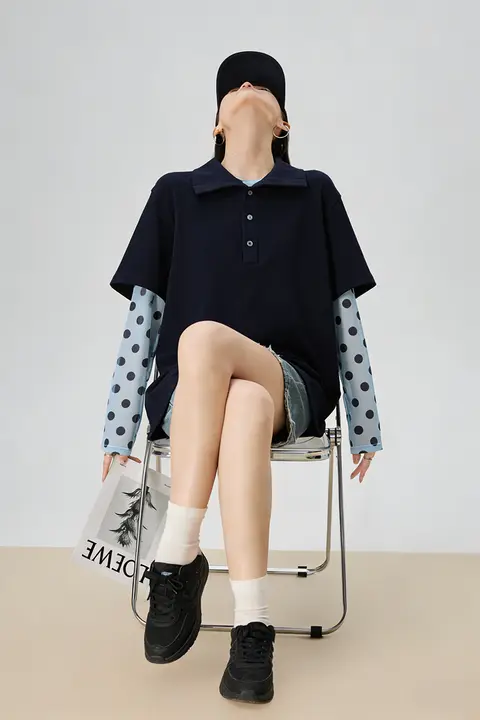深青色ポロシャツ風長袖Tシャツ【女性用・独特なデザイン・美しい】（セットアップ対応）