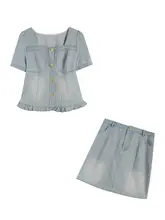 デザイン性に優れたデニムの女性用二点セット【夏季用・ビンテージスタイル・大きいサイズ】（セットアップ対応）