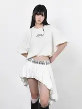 二色展開の字母プリント収縮カフスラウンドネックTシャツ【ゆったりデザイン】