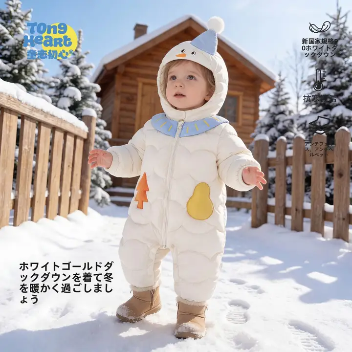 冬用ベビー用ダウンカバーオール【白鹅绒・フード付き・防寒・赤ちゃん用】（セットアップ対応）