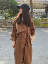 カフェブラウンデザインのジャンプスーツ【 アカデミックスタイル・ストレートレッグ・ワイドパンツ】（セットアップ対応）