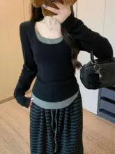シンプルデザインのUネック長袖トップス【女性用・秋冬・ウエストシェイプ・重ね着対応】（セットアップ対応）