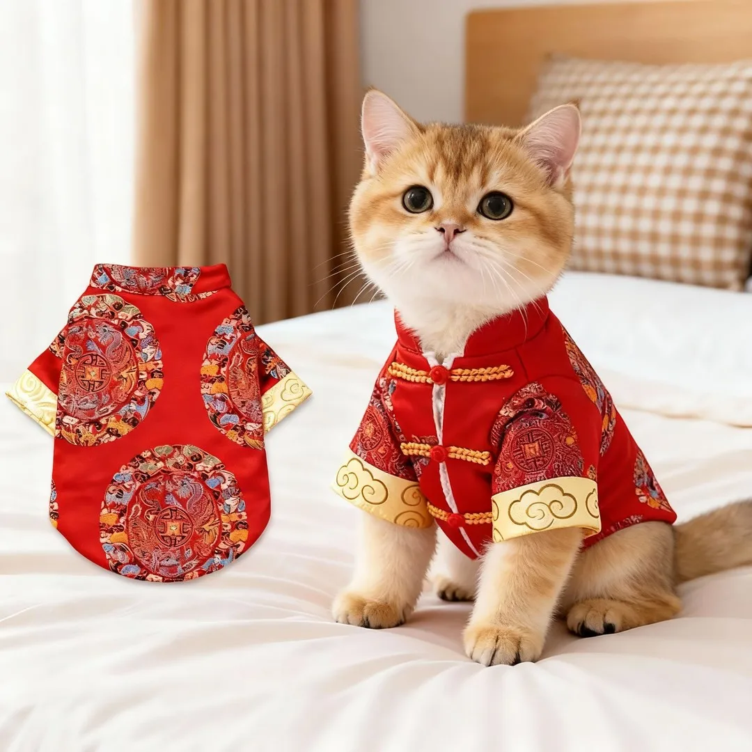 加厚唐装ペット服：子供と暮らす短毛猫に最適な冬用保暖ファッション