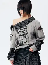 春の新作！個性的なプリントのカラーコンビネーション パーカー【ルーズフィット・短丈・女性用】（セットアップ対応）