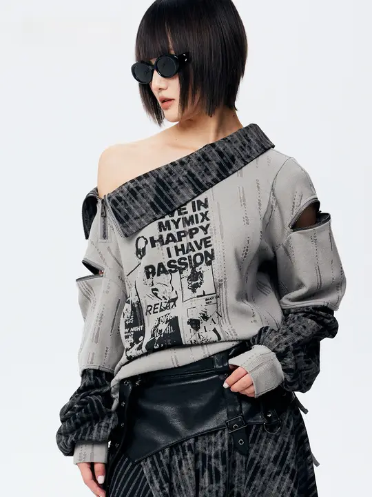 春の新作！個性的なプリントのカラーコンビネーション パーカー【ルーズフィット・短丈・女性用】（セットアップ対応）